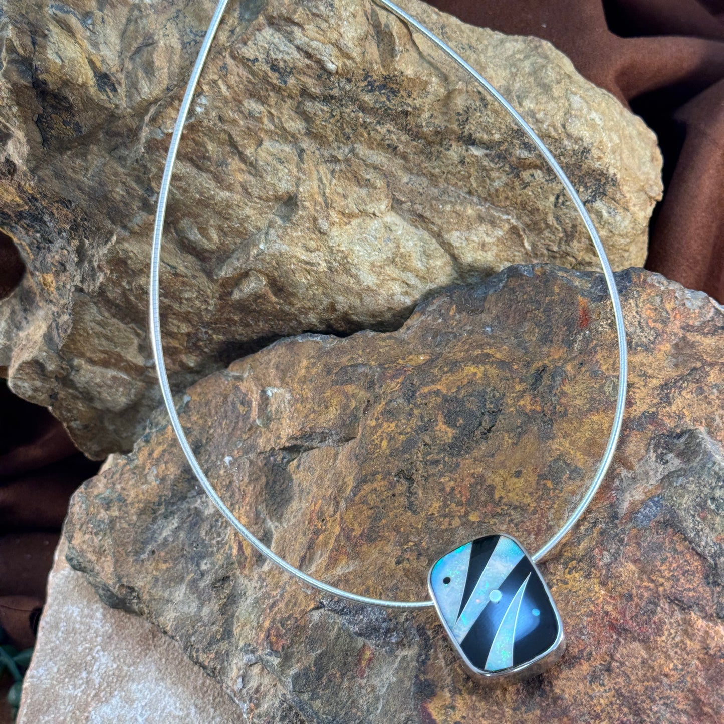 Lightning Inlay Pendant by GL Miller – Black Jade & Lab Opal - Estate