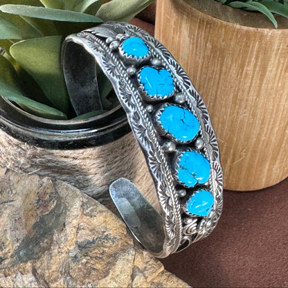 Vintage Navajo Kingman Turquoise Cuff with Stamped Sterling Silver Design