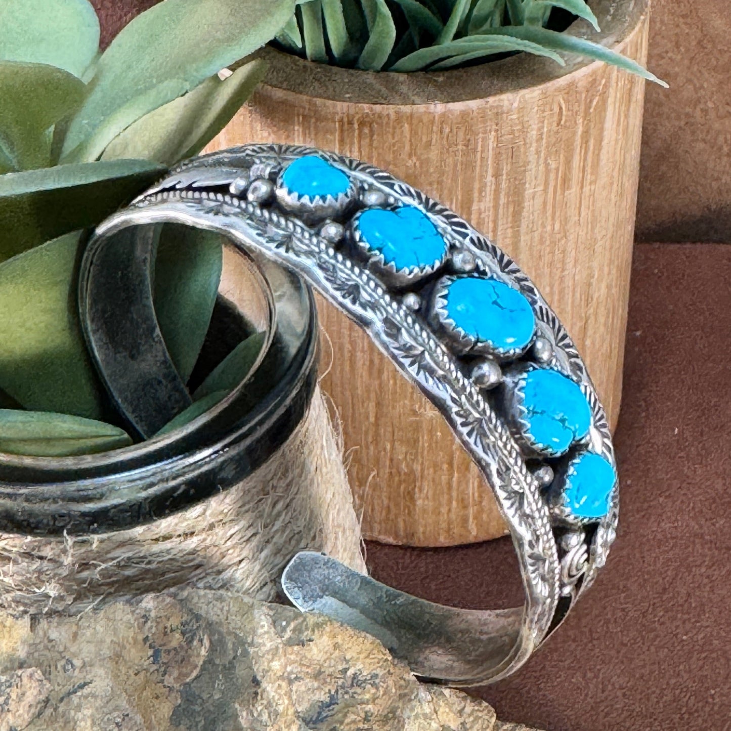 Vintage Navajo Kingman Turquoise Cuff with Stamped Sterling Silver Design