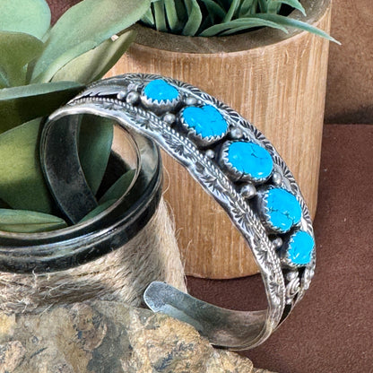 Vintage Navajo Kingman Turquoise Cuff with Stamped Sterling Silver Design