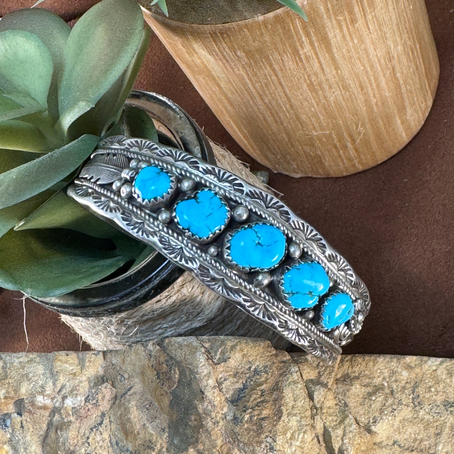 Vintage Navajo Kingman Turquoise Cuff with Stamped Sterling Silver Design