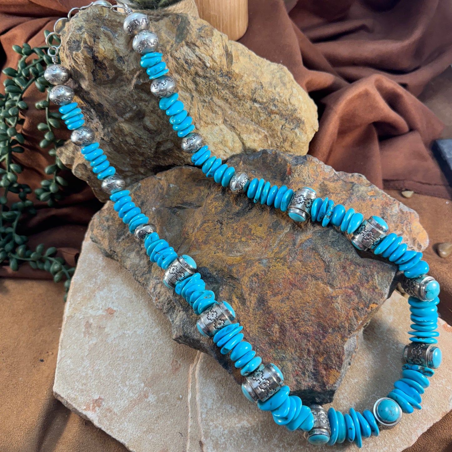 Turquoise & Navajo Pearl Beaded Necklace – Handmade Navajo, Sterling Silver, 25"