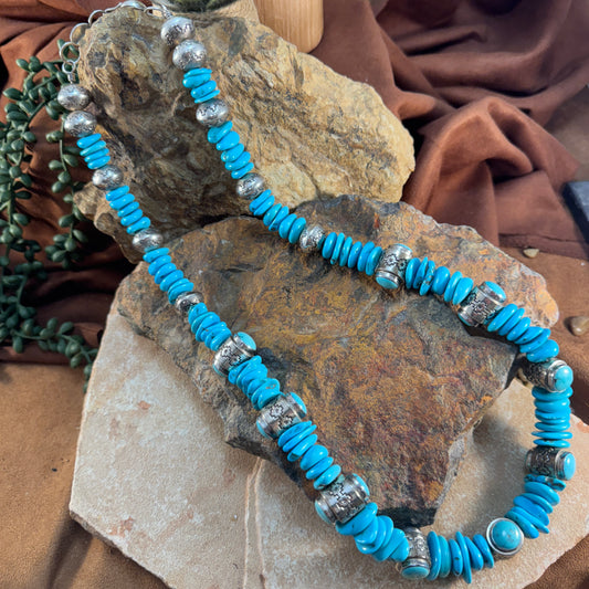 Turquoise & Navajo Pearl Beaded Necklace – Handmade Navajo, Sterling Silver, 25"