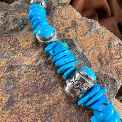 Turquoise & Navajo Pearl Beaded Necklace – Handmade Navajo, Sterling Silver, 25"