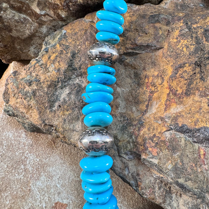 Turquoise & Navajo Pearl Beaded Necklace – Handmade Navajo, Sterling Silver, 25"