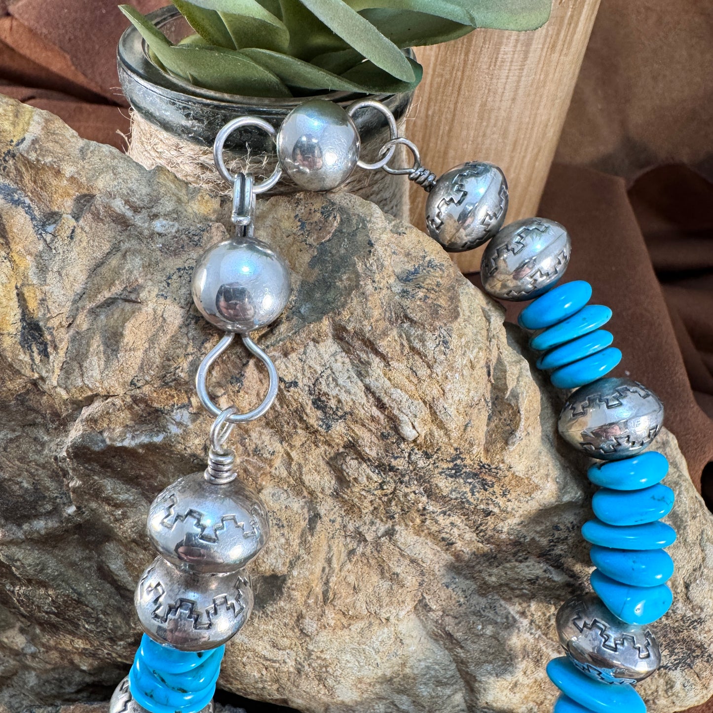 Turquoise & Navajo Pearl Beaded Necklace – Handmade Navajo, Sterling Silver, 25"