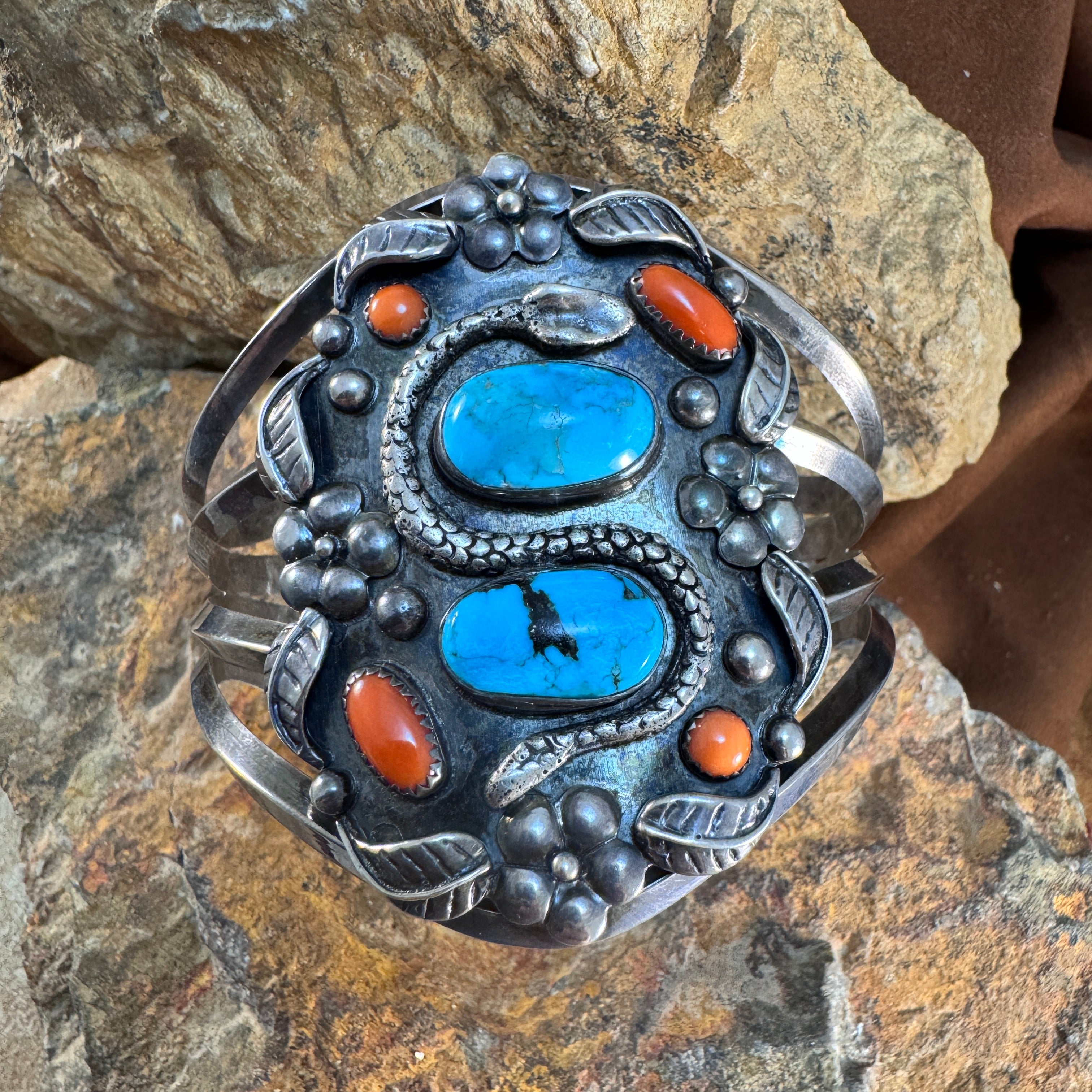 Vintage - Turquoise and Red Coral Navajo Cuff by Guyla Marie