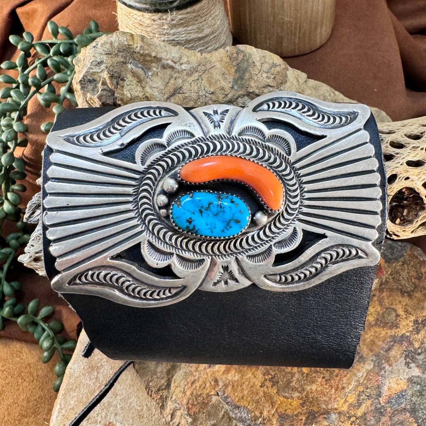 Turquoise & Coral Navajo Leather Cuff Bracelet – Estate