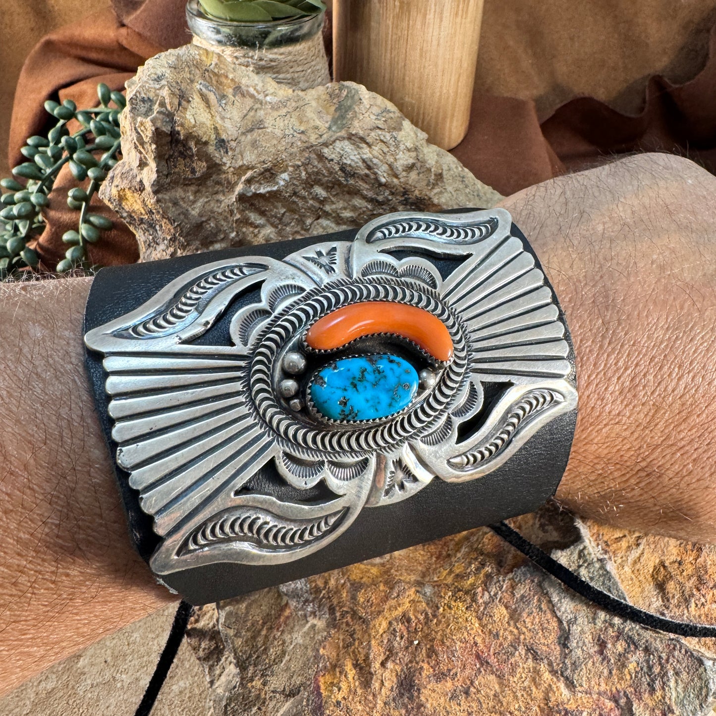 Turquoise & Coral Navajo Leather Cuff Bracelet – Estate