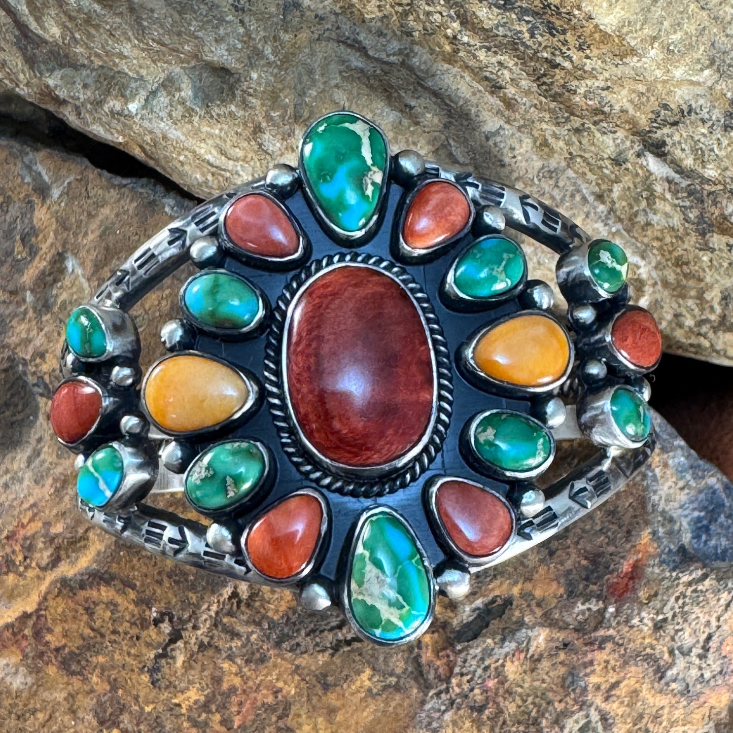 Sonoran Gold Turquoise & Spiny Oyster Shell Sterling Silver Stone Bracelet by Angela Martin