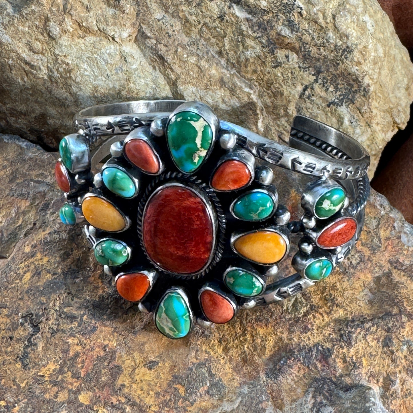 Sonoran Gold Turquoise & Spiny Oyster Shell Sterling Silver Stone Bracelet by Angela Martin