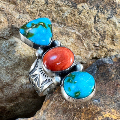 Sonoran Gold Turquoise & Red Spiny Oyster Sterling Silver Ring by Bernyse Chavez - Size 7