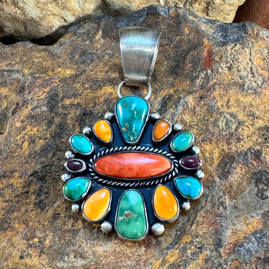 Multi-Stone Cluster Pendant with Sonoran Gold Turquoise & Spiny Oyster Shell by Angela Martin