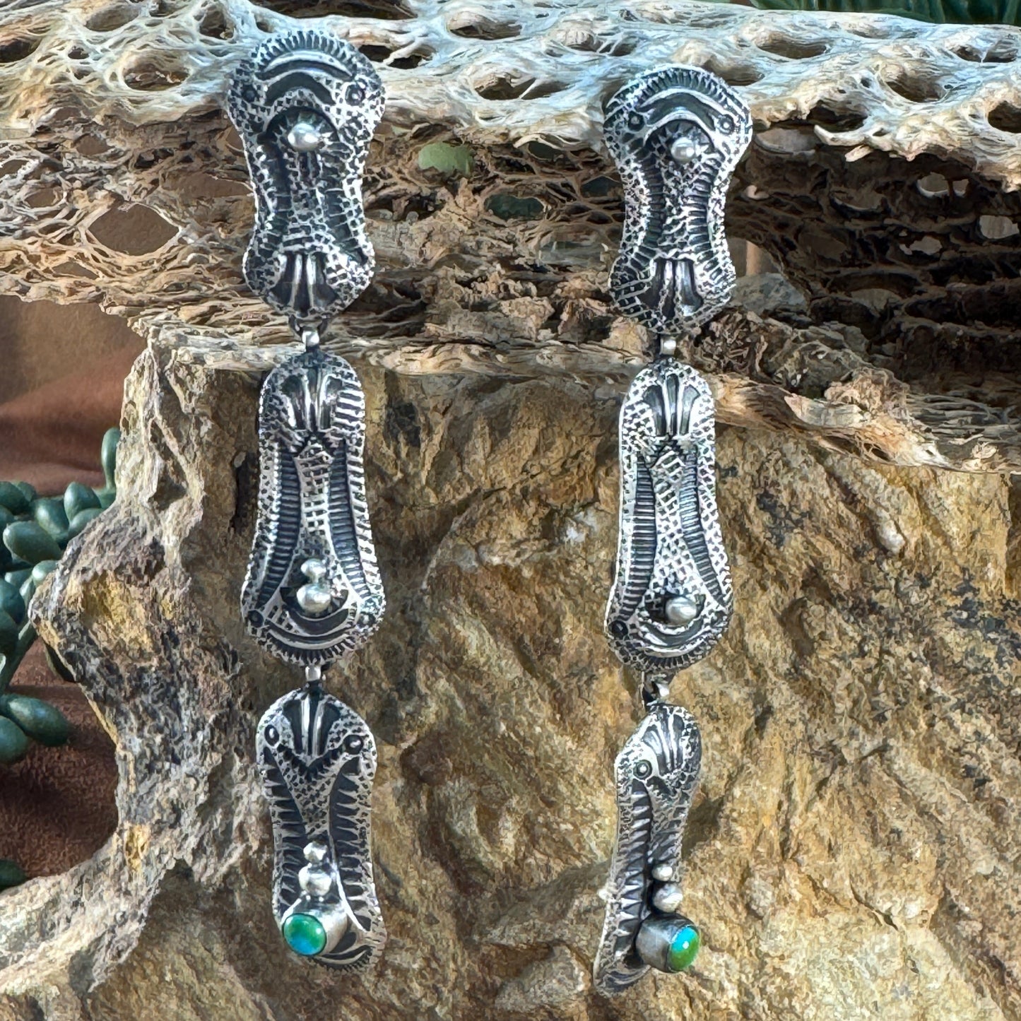 Stamped Sterling Silver Dangle Earrings with Sonoran Gold Turquoise Accents by Bernyse Chavez