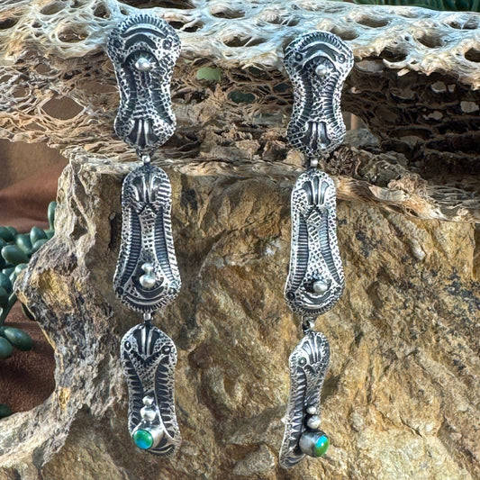 Stamped Sterling Silver Dangle Earrings with Sonoran Gold Turquoise Accents by Bernyse Chavez