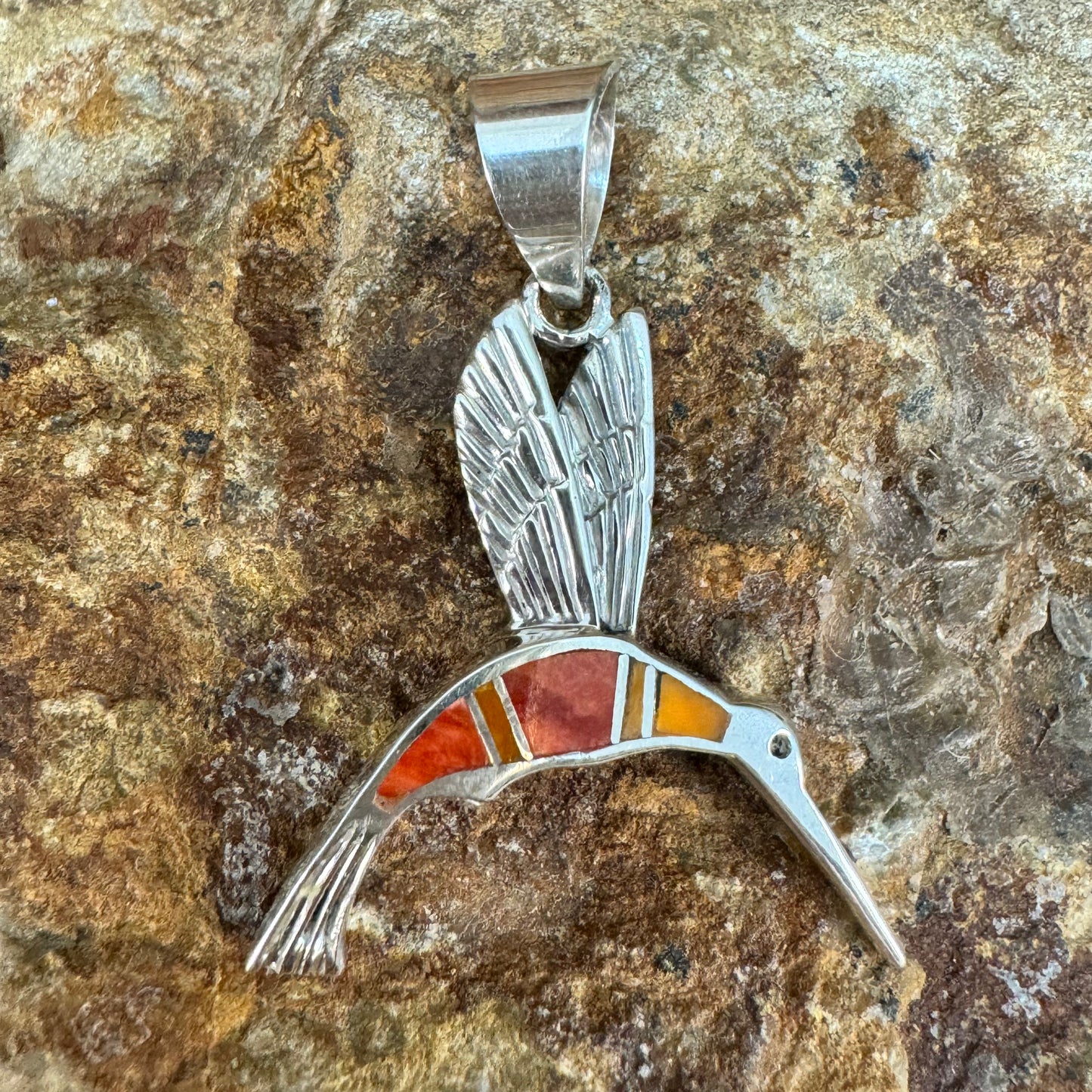 David Rosales Desert Fire Inlaid Sterling Silver Pendant Hummingbird