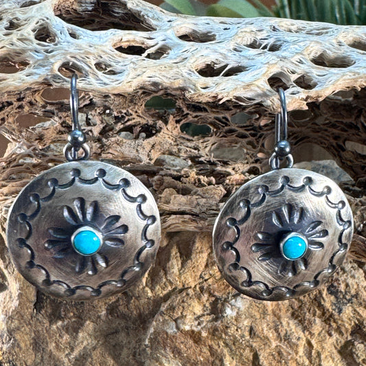 Stamped Sterling Silver Button Earrings with Sonoran Gold Turquoise by Ray Coriz