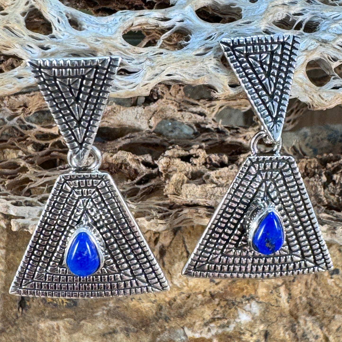 Lapis Lazuli & Sterling Silver Triangle Overlay Dangle Earrings by Elgin Tom