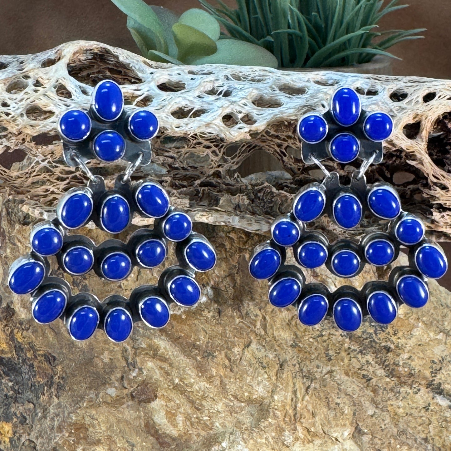 Lapis Lazuli Sterling Silver Cluster Dangle Earrings by Jennifer Denetclaw