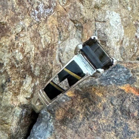 David Rosales Native Earth Inlaid Sterling Silver Ring w/ Smoky Topaz