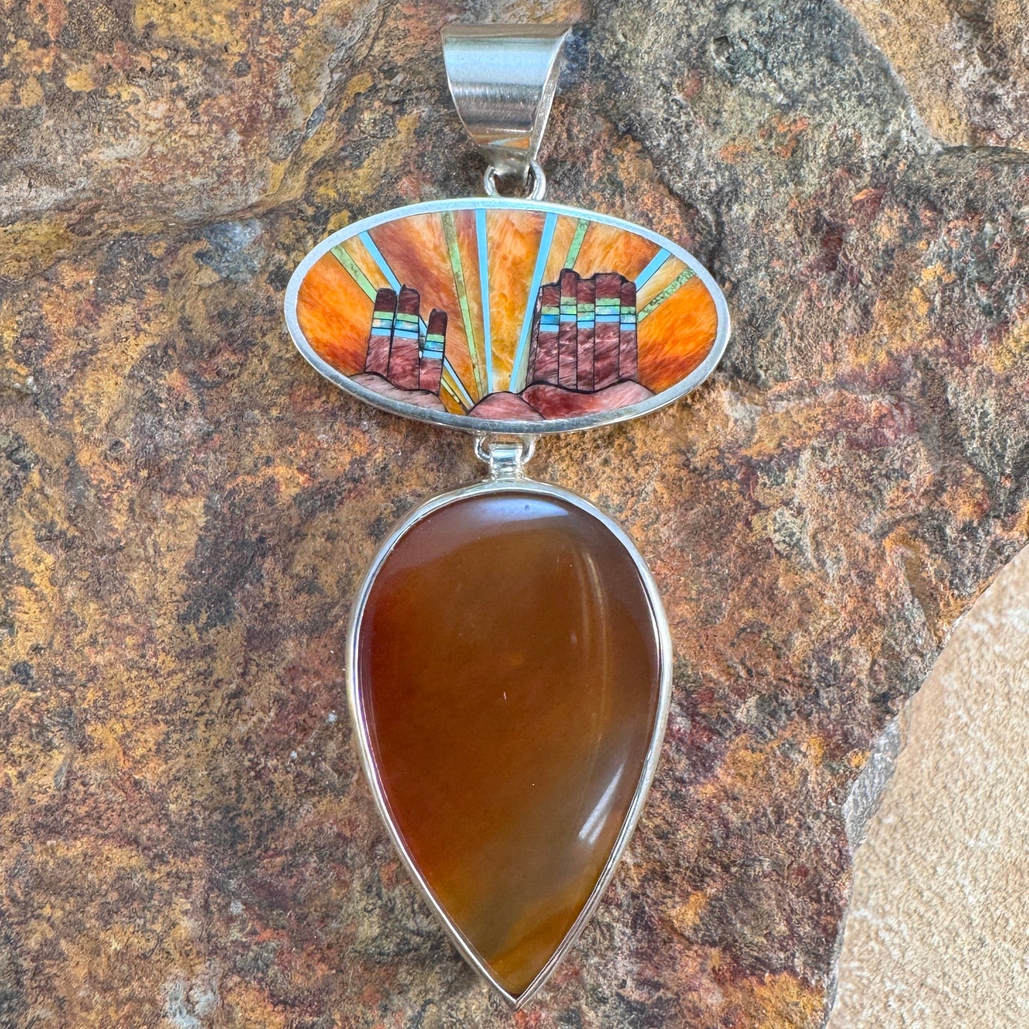 David Rosales Indian Summer Inlaid Sterling Silver with Orange Agate Pendant