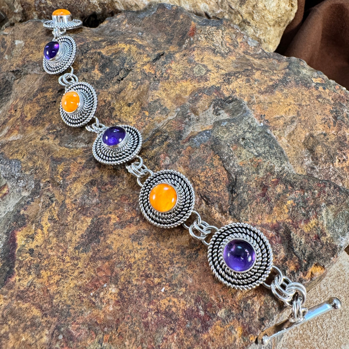 Sterling Silver Orange Spiny Oyster Shell & Purple Amethyst  Link Bracelet by Artie Yellowhorse