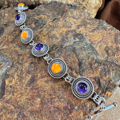 Sterling Silver Orange Spiny Oyster Shell & Purple Amethyst  Link Bracelet by Artie Yellowhorse