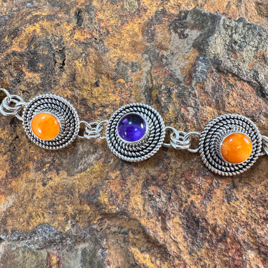 Sterling Silver Orange Spiny Oyster Shell & Purple Amethyst Link Bracelet by Artie Yellowhorse