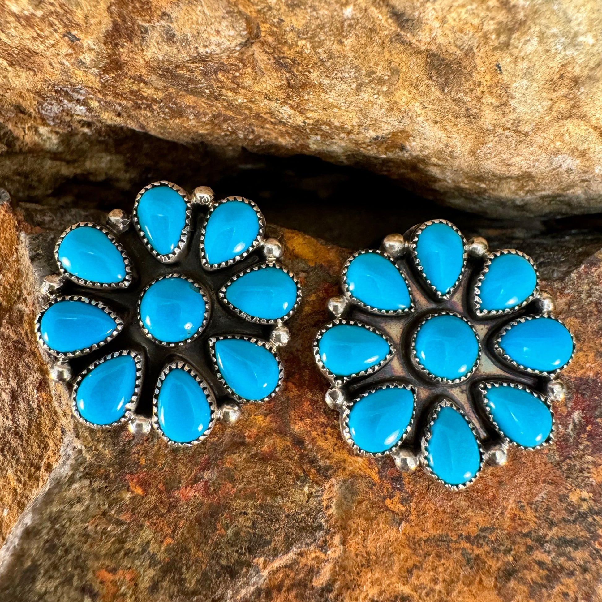 Kingman Turquoise Sterling Silver Earrings Cluster by Anna Spencer