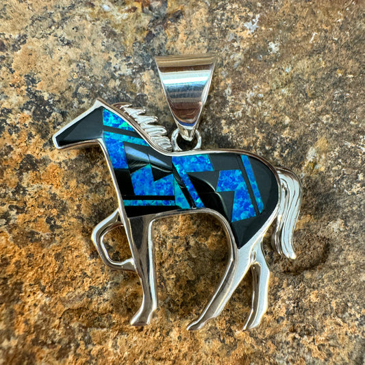 David Rosales Black Beauty Fancy Inlaid Sterling Silver Pendant Horse