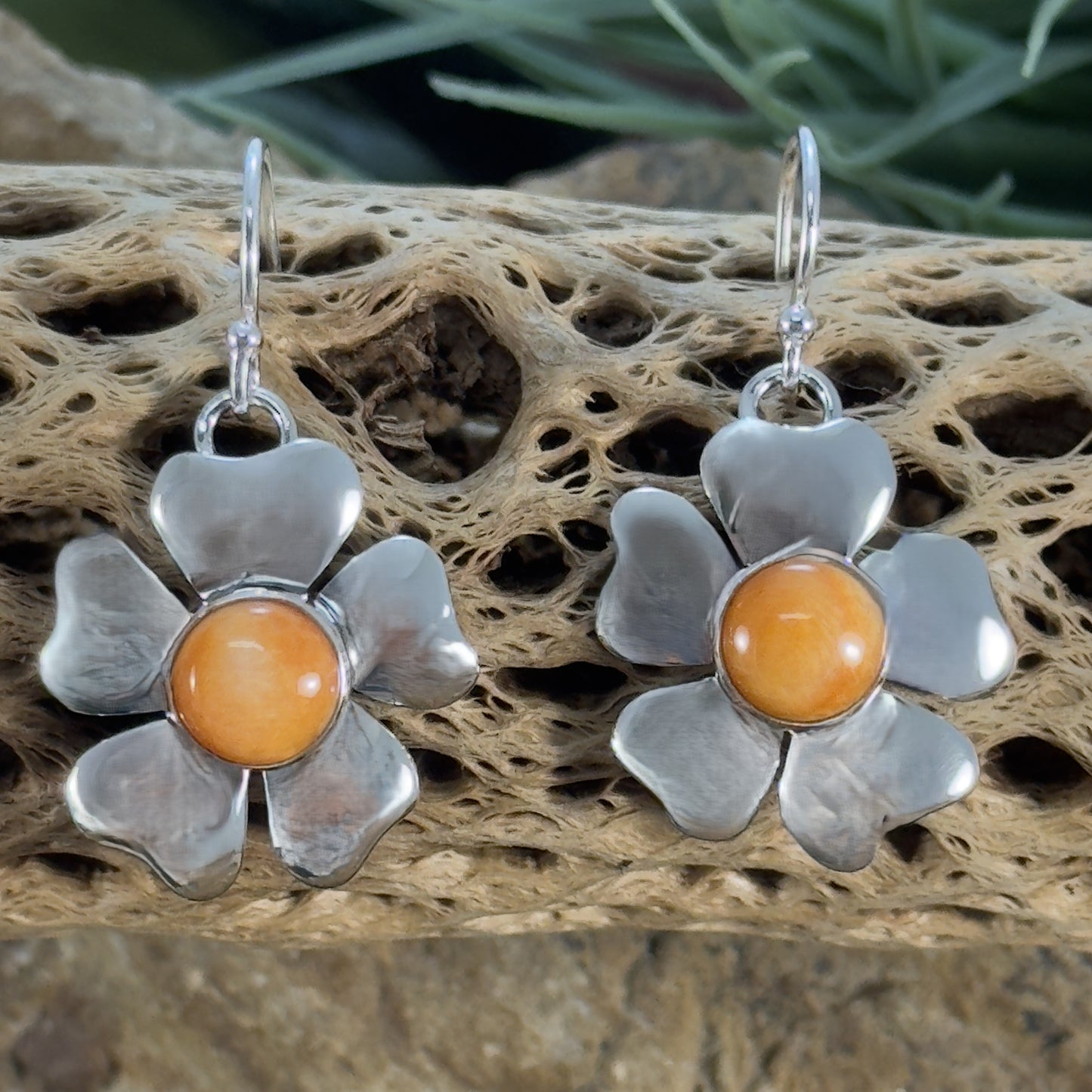 Orange Spiny Oyster Shell Sterling Silver Flower Earrings by Artie Yellowhorse