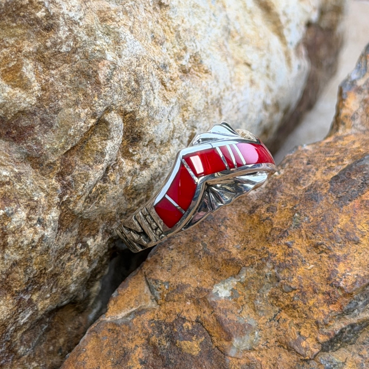 David Rosales Rosarita ring with red zigzag inlay and sculpted silver fan details
