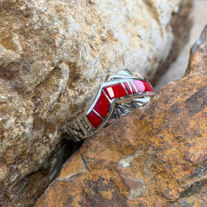 David Rosales Rosarita ring with red zigzag inlay and sculpted silver fan details