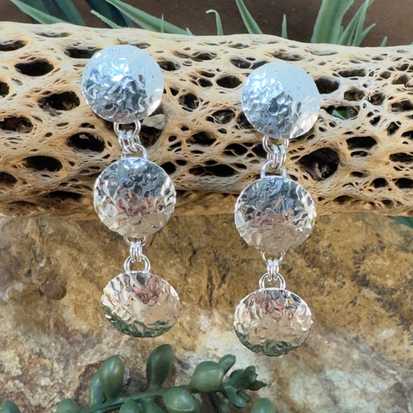 Traditional Triple Drop Hammered Sterling Silver Earrings by Artie Yellowhorse