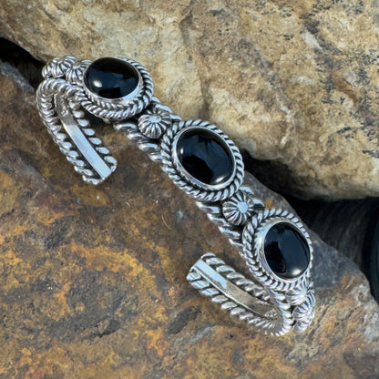 Sterling Silver Black Onyx Three-Stone Cuff Bracelet by Artie Yellowhorse