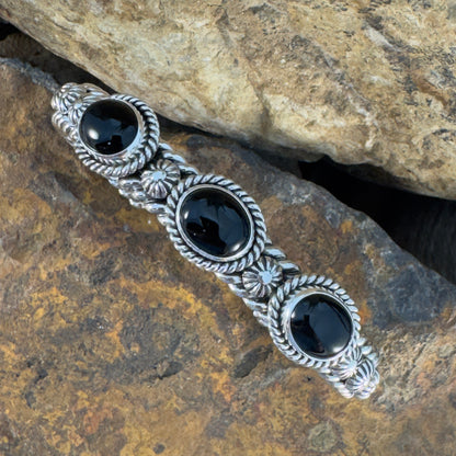 Sterling Silver Black Onyx Three-Stone Cuff Bracelet by Artie Yellowhorse