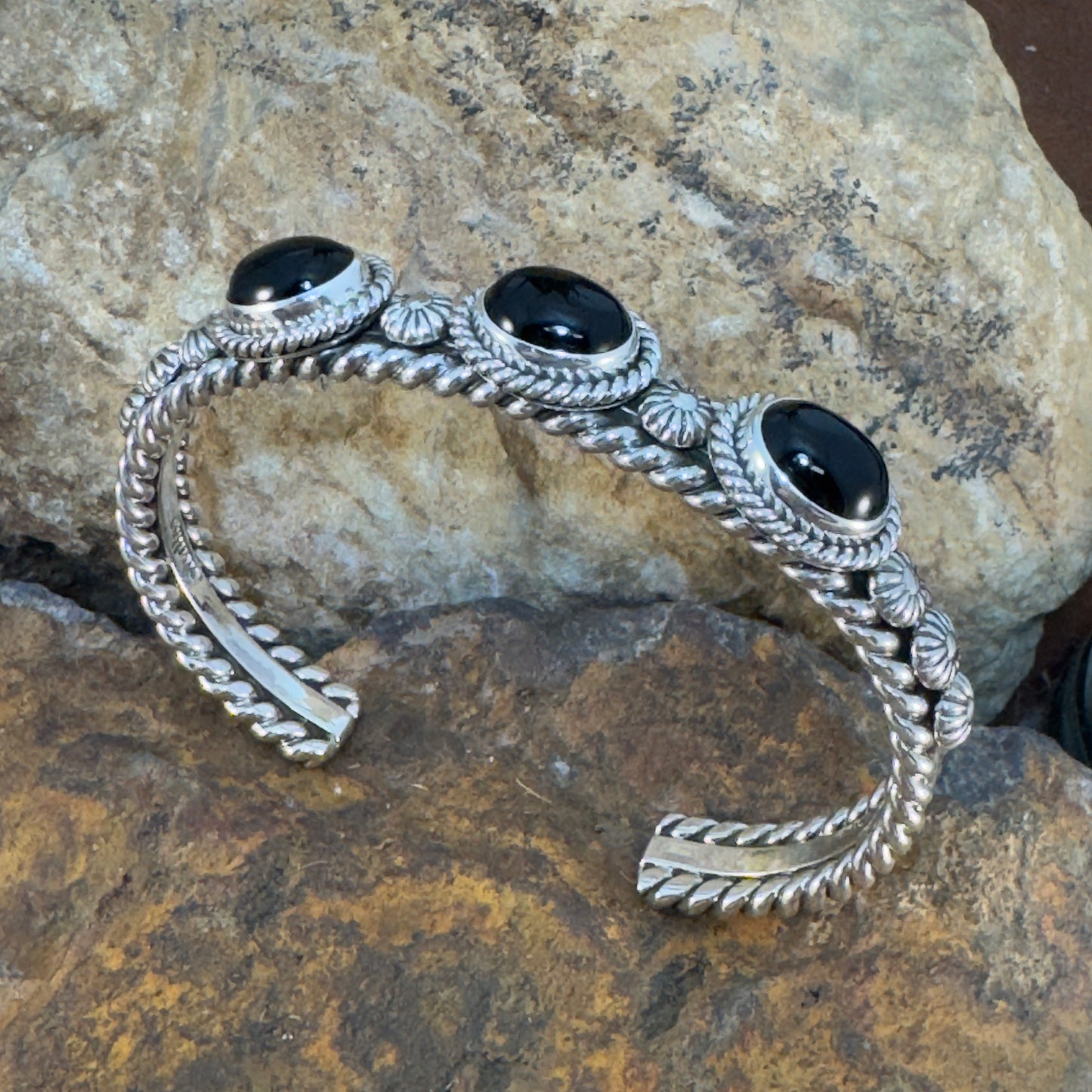 Sterling Silver Black Onyx Three-Stone Cuff Bracelet by Artie Yellowhorse