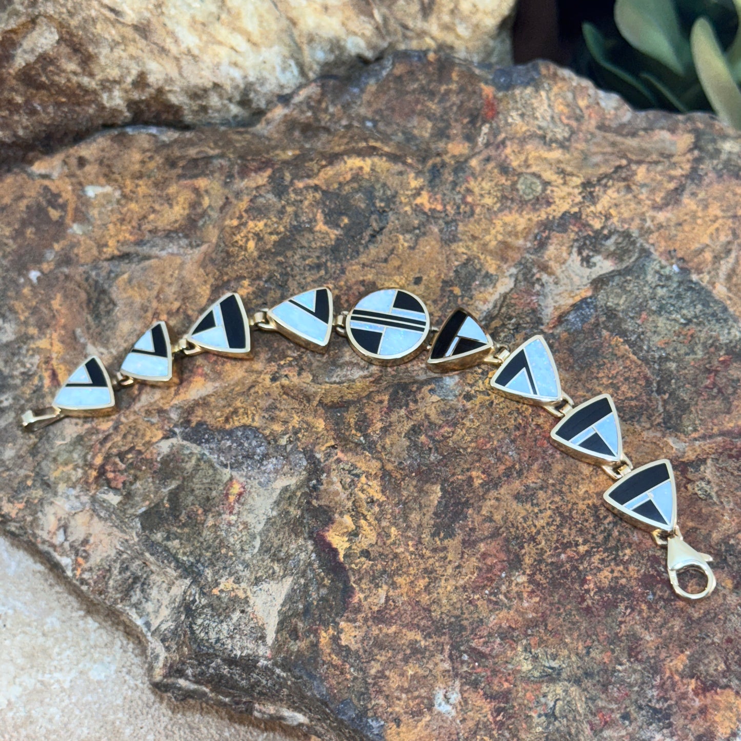 Vintage - Ray Tracey Knifewing 14k Gold Bracelet – Opal & Black Jade Inlay - Estate