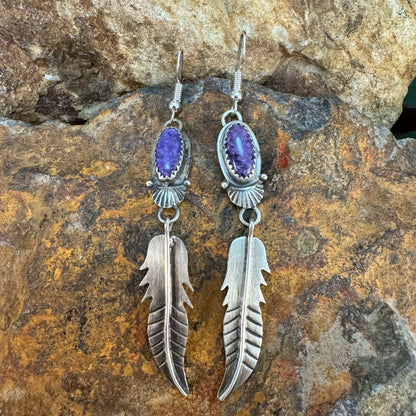 Purple Charoite Sterling Silver Feather Earrings by Mary Tso
