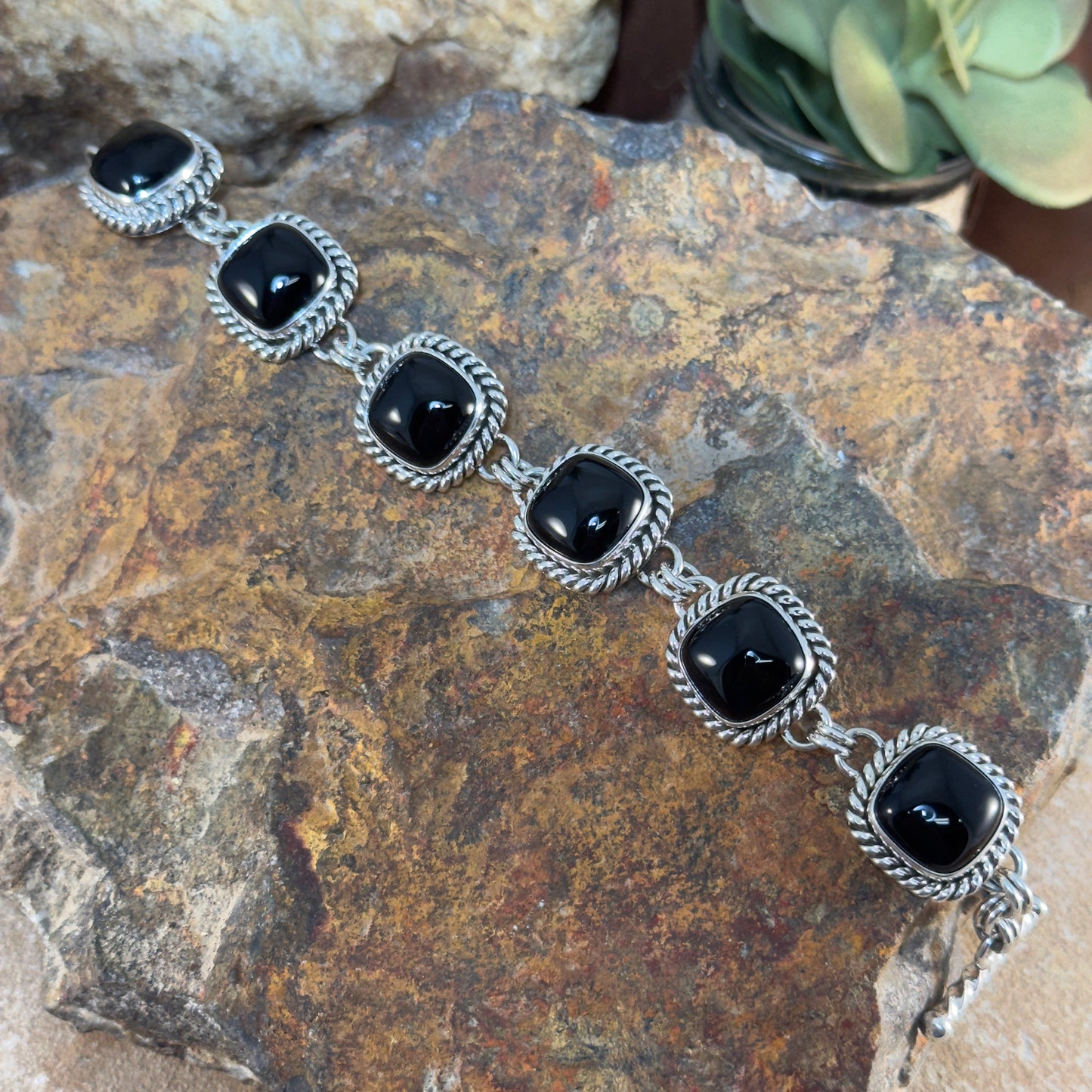Sterling Silver Black Onyx Square Link Bracelet by Artie Yellowhorse