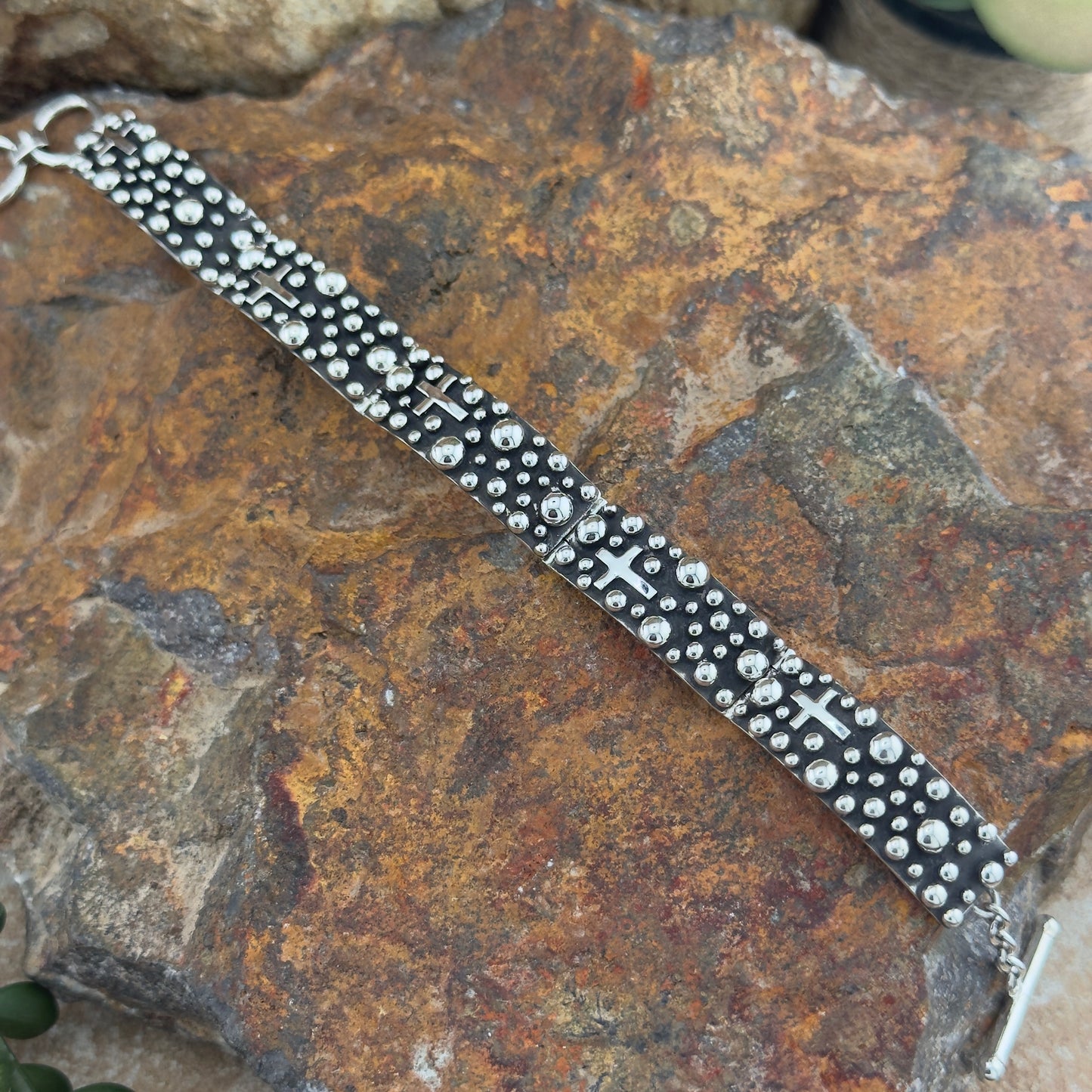 Traditional Dot and Cross Sterling Silver Link Bracelet by Akee Douglas