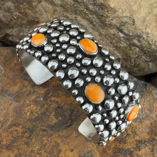 Million Drops Orange Spiny Oyster Sterling Silver Cuff Bracelet by Ray Coriz