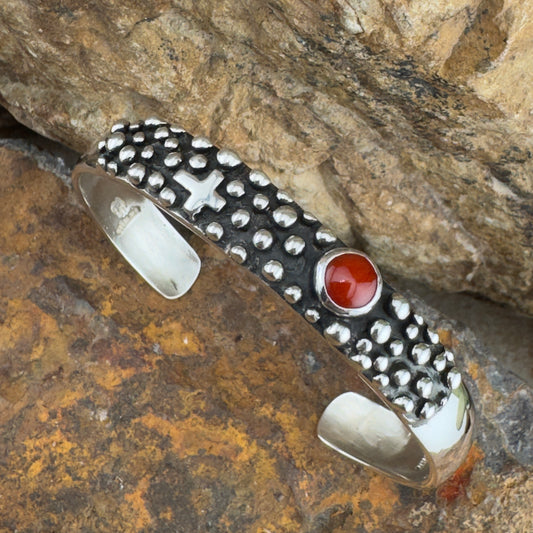 Million Drops Red Coral with Cross Sterling Silver Cuff Bracelet by Ray Coriz
