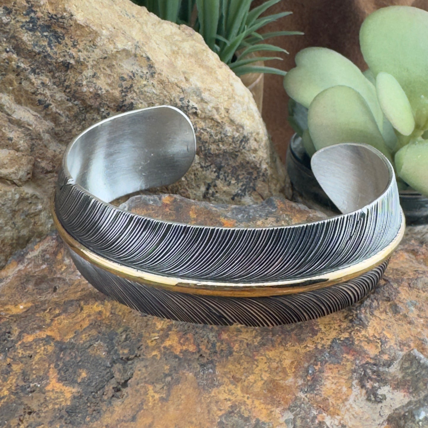 Sterling Silver Feather Cuff Bracelet w/ Gold Fill by Angela Martin
