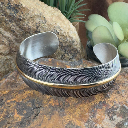 Sterling Silver Feather Cuff Bracelet w/ Gold Fill by Angela Martin