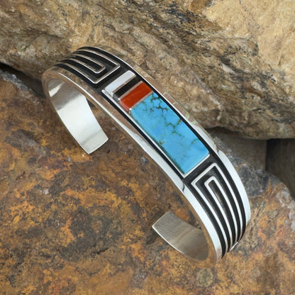 Water Web Kingman Turquoise, Coral, and Silver Inlay Cuff by Albert Nells