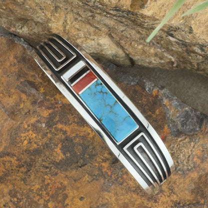 Water Web Kingman Turquoise, Coral, and Silver Inlay Cuff by Albert Nells