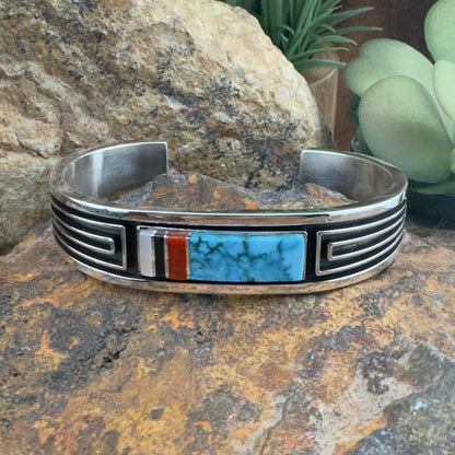 Water Web Kingman Turquoise, Coral, and Silver Inlay Cuff by Albert Nells