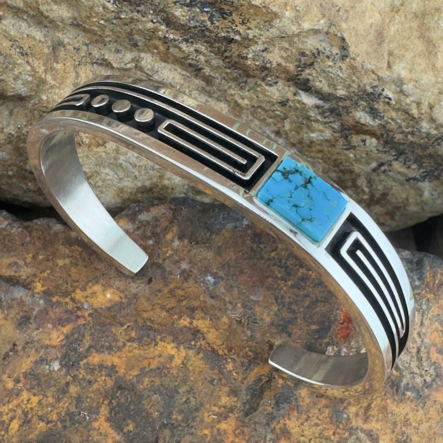 Inlaid Water Web Turquoise & Silver Overlay Cuff by Albert Nells