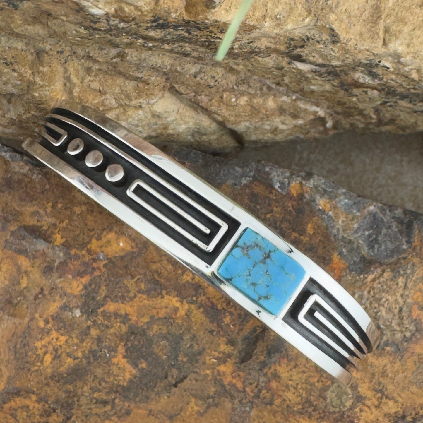 Inlaid Water Web Turquoise & Silver Overlay Cuff by Albert Nells